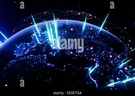 high-tech Earth featuring glowing blue continents, data spikes, and interconnected light beams. Perfect for themes of global connectivity, AI, big dat Stock Photo