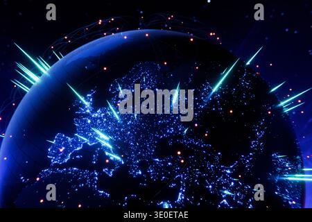 Futuristic Earth with glowing blue continents and digital network lines. Ideal for themes of global communication, high-speed internet, data transfer, Stock Photo