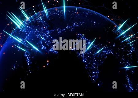 Digital world map featuring neon light spikes and glowing data points. Perfect for concepts of big data visualization, artificial intelligence, cloud Stock Photo