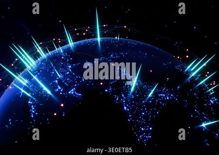 Abstract tech background with a glowing planet and orbital energy beams. Represents digital transformation, telecommunications, satellite technology, Stock Photo