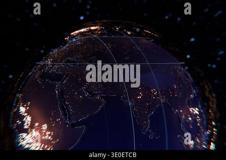 Futuristic planet Earth at night with glowing city lights and digital data lines. High-tech global network and connectivity concept featuring a dark c Stock Photo