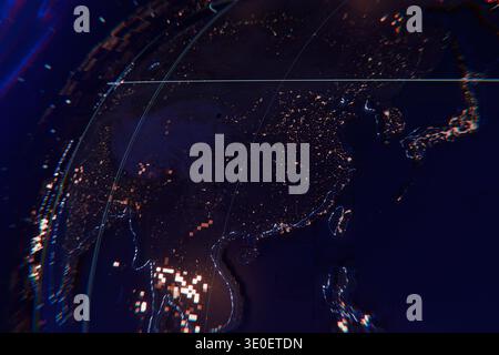 Futuristic 3D Earth at night with glowing city lights and digital data networks. Cinematic visualization of global connectivity, big data, and satelli Stock Photo