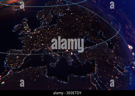 Futuristic planet Earth at night featuring glowing city lights and digital data lines. High-tech global network concept with a dark cinematic aestheti Stock Photo