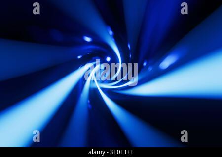 High-speed digital data transmission concept. Blue glowing fiber optic lines swirling in a dark space. Futuristic background for network connectivity, Stock Photo