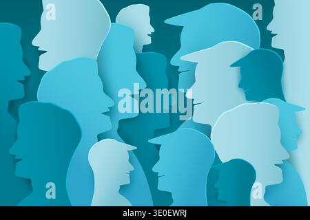 Abstract overlapping silhouettes of men faces in blue tones, Vector illustration Stock Vector