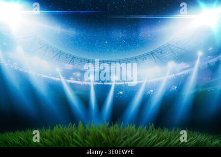 Empty green grass field in a large soccer stadium at night under bright blue spotlights. Blurred arena background with dramatic lighting, perfect for Stock Photo