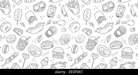 Simple hand drawn street food illustration seamless pattern. Ink sketch of fast food on white background. Simple takeaway snack in doodle style print Stock Vector