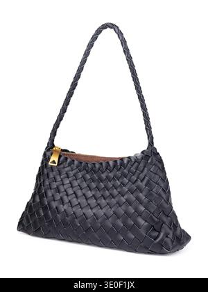 Unbranded black women's woven leather handbag, isolated on white background, side view Stock Photo