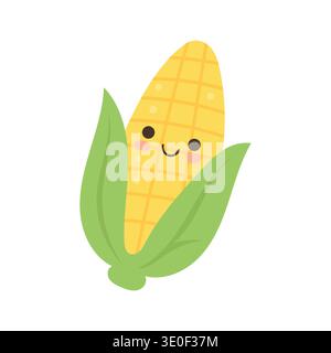 Smiling corn vegetable cartoon with green leaves, cute farm crop illustration for healthy food blogs, organic agriculture topics, cooking ingredients Stock Vector