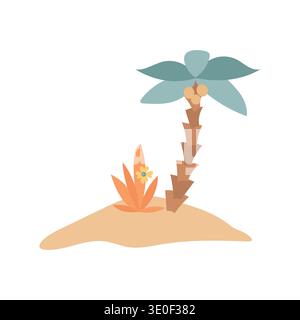 Tropical island illustration with palm tree, sand and flower, sunny beach paradise scene representing travel, summer vacation, ocean tourism and Stock Vector