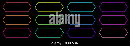 Modern neon tag in stretched hexagon shape with bright LED glow and soft 3D light. Clean vector element for neon action call banners, buy now labels, Stock Vector