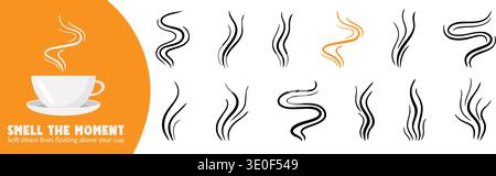 Expressive handdrawn steam and smoke swirls with soft cloud shapes. Designed for hot drink illustrations, grill heat signs and free line art projects. Stock Vector