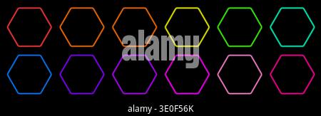 Modern neon hexagon buttons with bright LED glow and 3D light effect on dark background. Perfect UI elements for neon action call banners, buy now lab Stock Vector