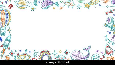Hand drawn pastel doodle border with space elements and playful shapes. Frame crayon kindergarten style perfect for kids background, preschool text bo Stock Vector