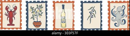 Retro postal stamp illustrations with Italian food and coastal symbols, ideal for labels, packaging, menus and branding projects. Stock Vector