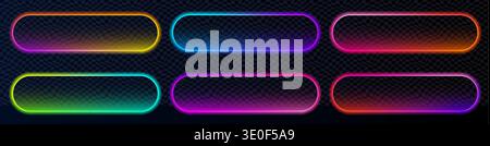 Rounded neon buttons with bright border, gradient glow and clean stroke. Perfect for neon action call labels, buy banners, website UI kits and mobile Stock Vector