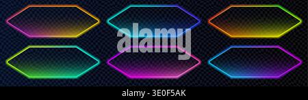 Stylish flattened hexagon tag with glowing stroke and soft shadow effect. Designed for neon action call highlights, buy buttons, website banners and m Stock Vector