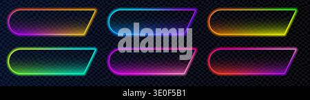 Rounded neon buttons with bright border, gradient glow and clean stroke. Perfect for neon action call labels, buy banners, website UI kits Stock Vector
