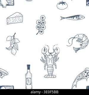 Playful seamless pattern with Italian breakfast food, fruit, coffee elements and hand drawn vintage doodles. Stock Vector