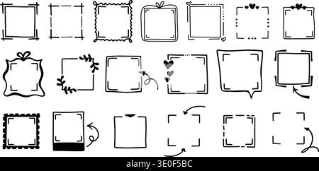 Playful hand drawn QR frames in doodle style. Square borders with arrows, hearts and sketchy lines for menus, stickers and cards. Add personality and Stock Vector