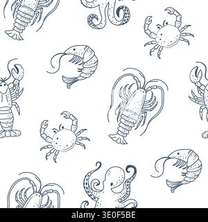 Seamless Sicilian food pattern with seafood, citrus, wine and Italian coastal illustrations in a summer style. Stock Vector