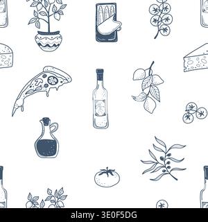 Seamless Italian food illustration pattern inspired by Positano, featuring coastal cuisine, lemons and summer vibes. Stock Vector