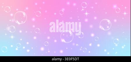 Soft pink and lavender gradient background with floating bubbles, glowing stars and dreamy bokeh lights, magical cute backdrop with dream pink glitter Stock Vector