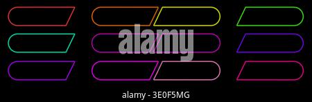 Glowing pill buttons with rounded edges and luminous stroke. Ideal for neon action call signs, buy now labels, game interface elements, and futuristic Stock Vector