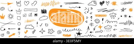 .Fun hand drawn scribbles with arrows, circles and swirl shapes. Ideal for background design, imagination concepts and artistic process illustrations. Stock Vector