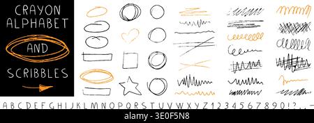 Hand drawn crayon, pencil and marker scribbles with rough texture and playful shapes. Includes arrows, swirls, circles and underline strokes for creat Stock Vector