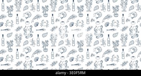 Seamless Mediterranean pattern with lobster, mussels, sardines and coastal food illustrations inspired by Italian cuisine. Stock Vector