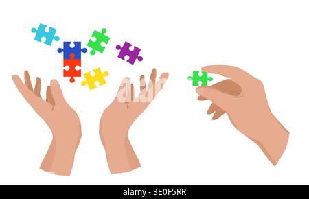 Puzzle pieces in hands, isolated on white background. Vector illustration. Concept of engaging educational game for children. Symbol of puzzles and fi Stock Vector
