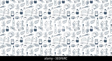 Seamless food pattern inspired by Italian markets featuring vegetables, olives, seafood and hand drawn doodle icons. Stock Vector