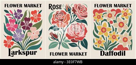 Vibrant floral designs adorn three distinct poster Stock Vector