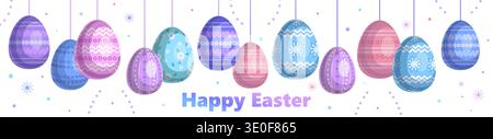 Happy Easter. Seasonal Easter banner with hanging eggs in soft pink, blue, and purple shades on a white background with decorative elements. Vector No Stock Photo