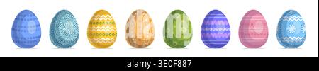 Collection of eight colorful decorated Easter eggs with unique patterns including stripes, dots, zigzags, and floral motifs. Festive spring holiday il Stock Photo