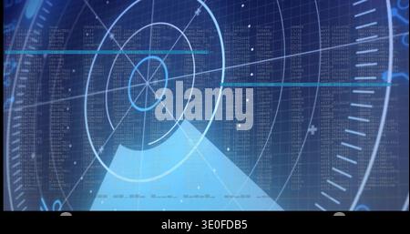 Displaying radar HUD at console, showing concentric rings, crosshair, scan beam, data columns Stock Photo