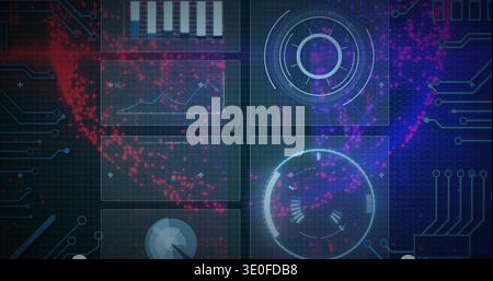 Presenting central 2x2 HUD panels overlaying dark-grid with gauges, traces, radar, red-purple cloud Stock Photo