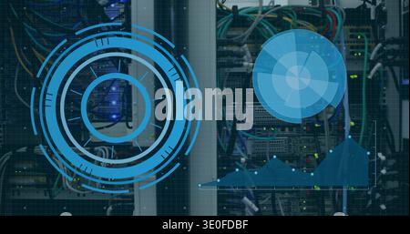 Displaying racked servers and switches inside data center, with HUD overlays and Ethernet cables Stock Photo