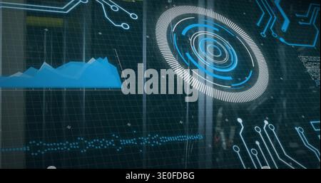Displaying holographic dashboard on glass in dim lab, showing radar, blue chart, waveform Stock Photo