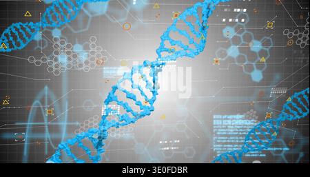 Displaying central blue DNA helix rotating in virtual genomics interface, with data panels Stock Photo