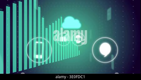 Displaying teal-green bar chart projecting translucent HUD icons in virtual dashboard, cloud icon Stock Photo