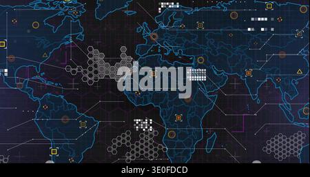 Displaying stylized world map on dashboard, showing hex clusters, connecting lines, target markers Stock Photo