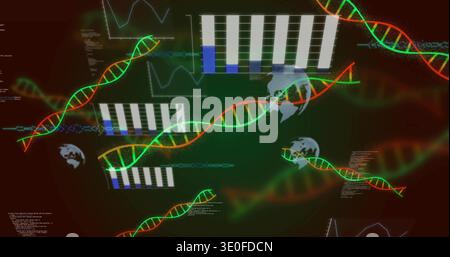 Spinning green-red DNA helix across virtual dashboard, showing bar charts, line graphs, code Stock Photo