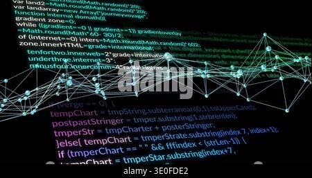 Vertical video: Animating 3D network graph after data stream over code, showing glowing nodes Stock Photo