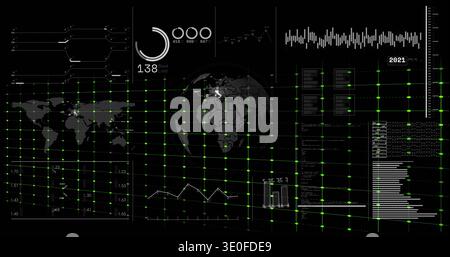 Showing central 3D globe centered on black HUD overlaying neon grid, left map widgets, right charts Stock Photo