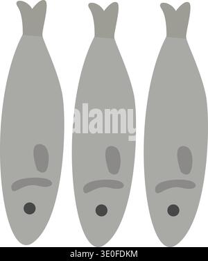 Simple flat sardines icon set showing three fish silhouettes. Clean seafood vector illustration suitable for menus, fish markets, packaging, and food Stock Vector