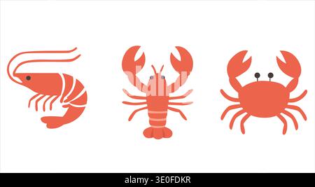 Minimal red line icons of shrimp, lobster, and crab. Clean seafood symbol set suitable for menus, restaurant branding, packaging, or marine design Stock Vector