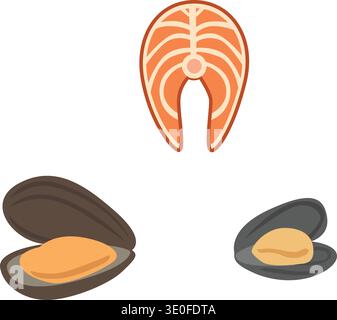 Flat seafood illustration featuring salmon steak and open mussels. Minimal icons suitable for restaurant menus, seafood packaging, and culinary Stock Vector