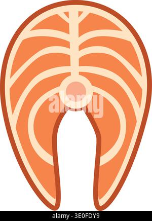 Flat salmon steak slice icon with bone detail. Fresh seafood illustration ideal for restaurant menus, fish markets, packaging, and cooking graphics. Stock Vector